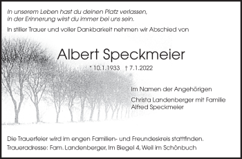 Traueranzeige von Albert Speckmeier von Leonberger Kreiszeitung / Strohgäu Extra