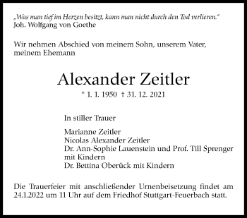 Traueranzeige von Alexander Zeitler von Leonberger Kreiszeitung / Strohgäu Extra