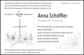 Traueranzeige von Anna Schöffler von Leonberger Kreiszeitung / Strohgäu Extra