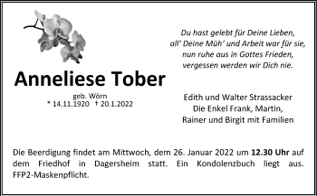 Traueranzeige von Anneliese Tober von Leonberger Kreiszeitung / Strohgäu Extra