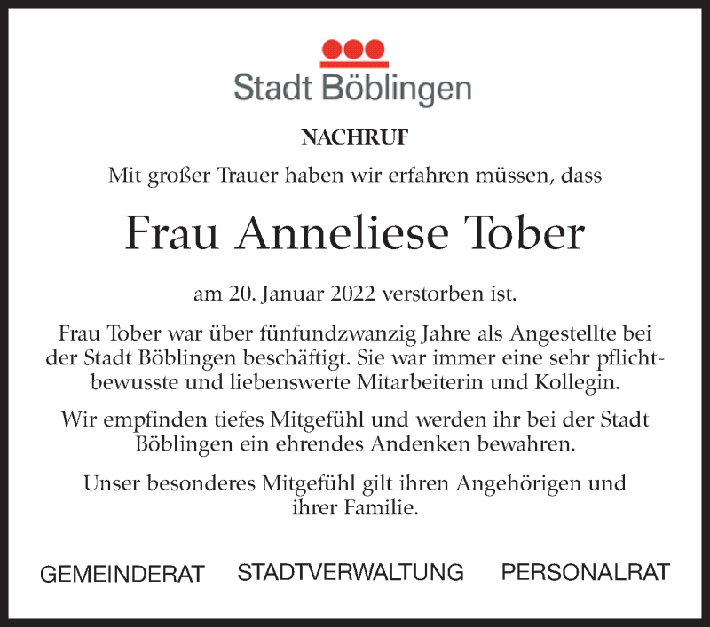  Traueranzeige für Anneliese Tober vom 26.01.2022 aus Leonberger Kreiszeitung / Strohgäu Extra