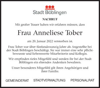 Traueranzeige von Anneliese Tober von Leonberger Kreiszeitung / Strohgäu Extra