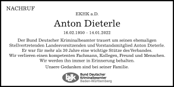 Traueranzeige von Anton Dieterle von Leonberger Kreiszeitung / Strohgäu Extra