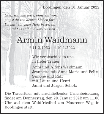 Traueranzeige von Armin Waidmann von Leonberger Kreiszeitung / Strohgäu Extra