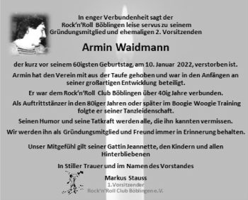 Traueranzeige von Armin Waidmann von Leonberger Kreiszeitung / Strohgäu Extra