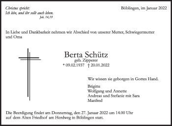 Traueranzeige von Berta Schütz von Leonberger Kreiszeitung / Strohgäu Extra