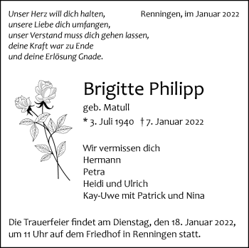 Traueranzeige von Brigitte Philipp von Leonberger Kreiszeitung / Strohgäu Extra