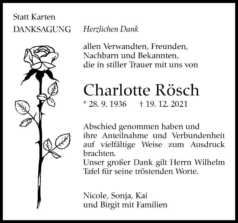  Traueranzeige für Charlotte Rösch vom 13.01.2022 aus Leonberger Kreiszeitung / Strohgäu Extra