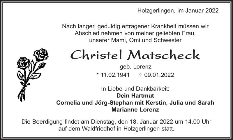  Traueranzeige für Christel Matscheck vom 14.01.2022 aus Leonberger Kreiszeitung / Strohgäu Extra