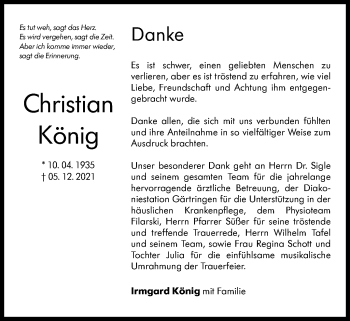Traueranzeige von Christian König von Leonberger Kreiszeitung / Strohgäu Extra