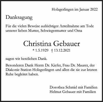 Traueranzeige von Christina Gebauer von Leonberger Kreiszeitung / Strohgäu Extra