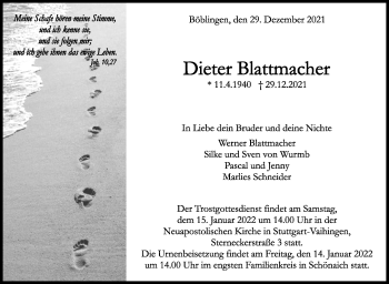 Traueranzeige von Dieter Blattmacher von Leonberger Kreiszeitung / Strohgäu Extra