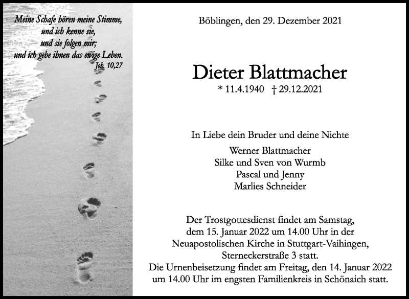  Traueranzeige für Dieter Blattmacher vom 05.01.2022 aus Leonberger Kreiszeitung / Strohgäu Extra
