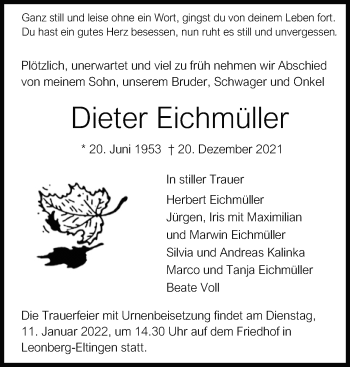 Traueranzeige von Dieter Eichmüller von Leonberger Kreiszeitung / Strohgäu Extra