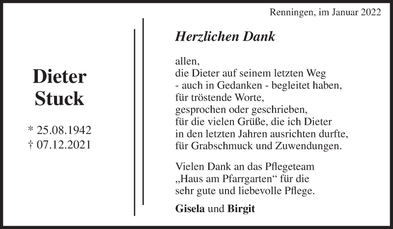 Traueranzeige für Dieter Stuck vom 19.01.2022 aus Leonberger Kreiszeitung / Strohgäu Extra