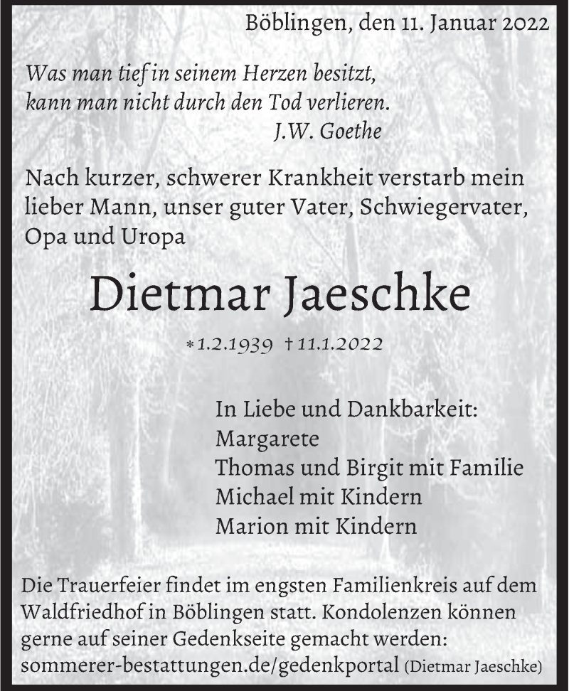  Traueranzeige für Dietmar Jaeschke vom 17.01.2022 aus Leonberger Kreiszeitung / Strohgäu Extra