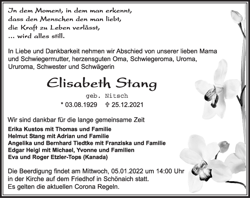  Traueranzeige für Elisabeth Stang vom 04.01.2022 aus Leonberger Kreiszeitung / Strohgäu Extra