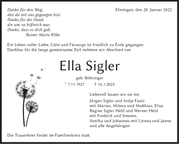 Traueranzeige von Ella Sigler von Leonberger Kreiszeitung / Strohgäu Extra