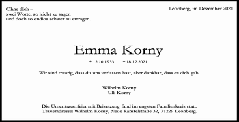 Traueranzeige von Emma Korny von Leonberger Kreiszeitung / Strohgäu Extra