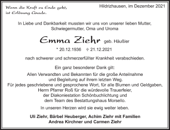 Traueranzeige von Emma Ziehr von Leonberger Kreiszeitung / Strohgäu Extra