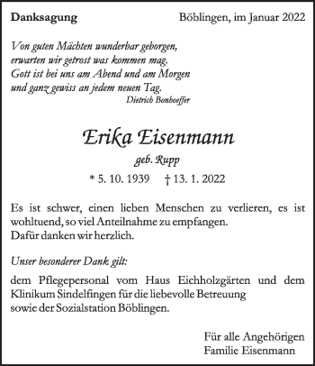 Traueranzeige von Erika Eisenmann von Leonberger Kreiszeitung / Strohgäu Extra