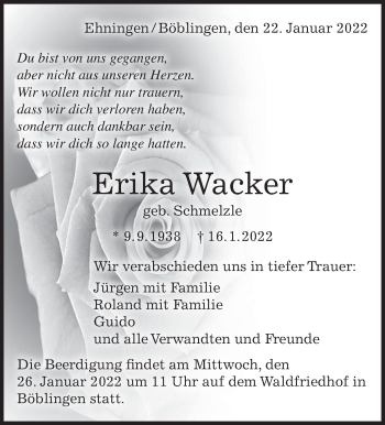 Traueranzeige von Erika Wacker von Leonberger Kreiszeitung / Strohgäu Extra