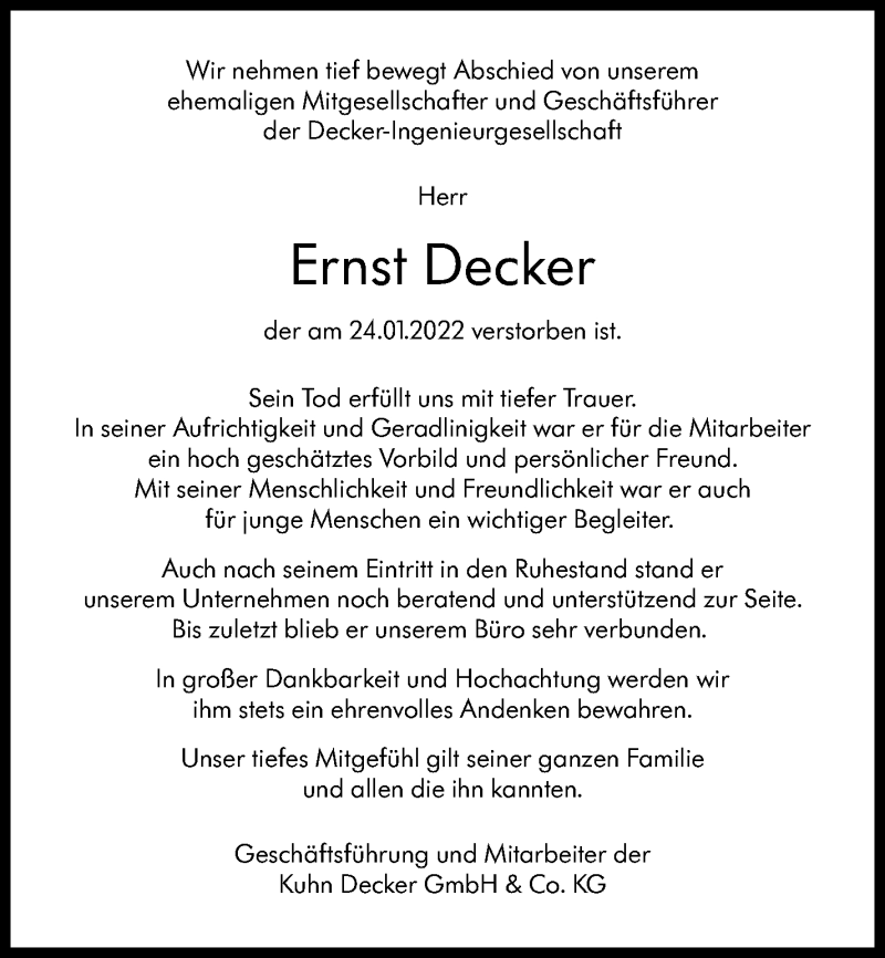  Traueranzeige für Ernst Decker vom 28.01.2022 aus Leonberger Kreiszeitung / Strohgäu Extra