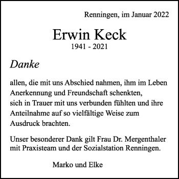 Traueranzeige von Erwin Keck von Leonberger Kreiszeitung / Strohgäu Extra