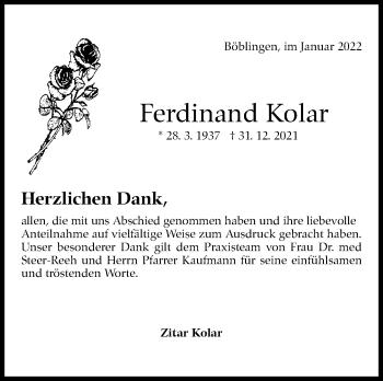 Traueranzeige von Ferdinand Kolar von Leonberger Kreiszeitung / Strohgäu Extra
