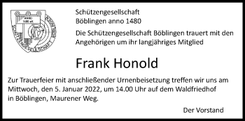Traueranzeige von Frank Honold von Leonberger Kreiszeitung / Strohgäu Extra