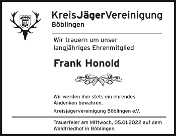 Traueranzeige von Frank Honold von Leonberger Kreiszeitung / Strohgäu Extra