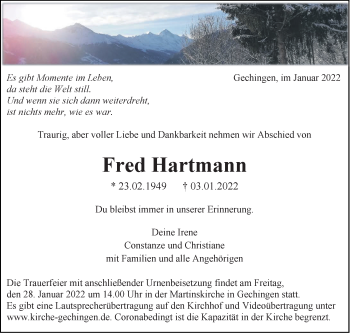 Traueranzeige von Fred Hartmann von Leonberger Kreiszeitung / Strohgäu Extra