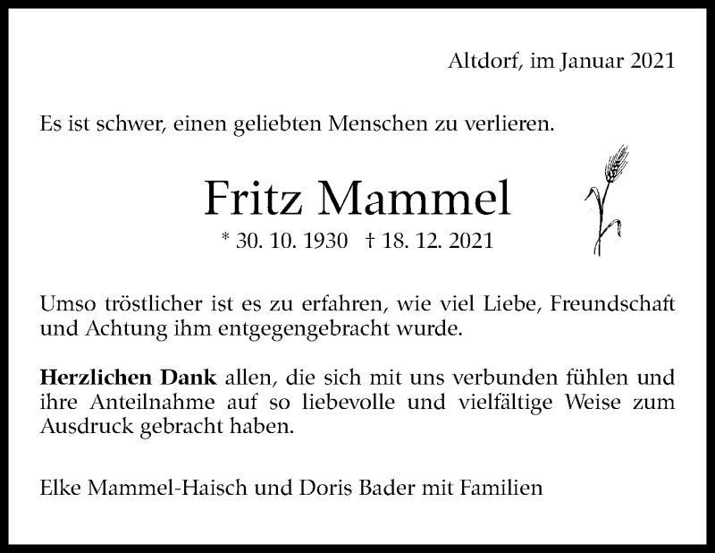  Traueranzeige für Fritz Mammel vom 22.01.2022 aus Leonberger Kreiszeitung / Strohgäu Extra