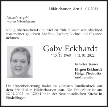 Traueranzeige von Gaby Eckhardt von Leonberger Kreiszeitung / Strohgäu Extra