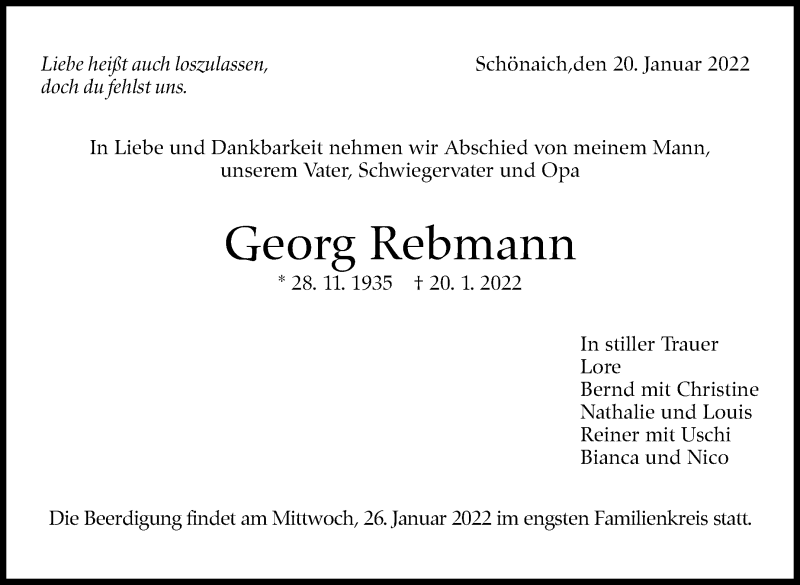  Traueranzeige für Georg Rebmann vom 25.01.2022 aus Leonberger Kreiszeitung / Strohgäu Extra