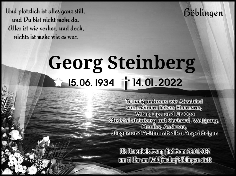  Traueranzeige für Georg Steinberg vom 22.01.2022 aus Leonberger Kreiszeitung / Strohgäu Extra