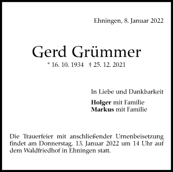 Traueranzeige von Gerd Grümmer von Leonberger Kreiszeitung / Strohgäu Extra