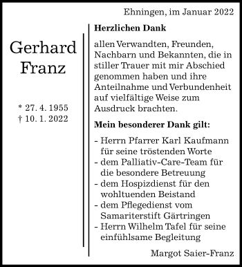 Traueranzeige von Gerhard Franz von Leonberger Kreiszeitung / Strohgäu Extra