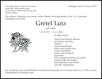 Traueranzeige von Gretel Lutz von Leonberger Kreiszeitung / Strohgäu Extra