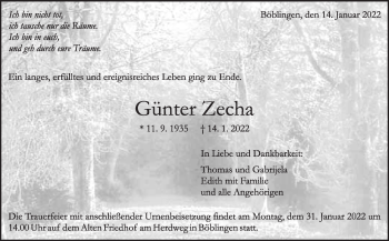 Traueranzeige von Günter Zecha von Leonberger Kreiszeitung / Strohgäu Extra