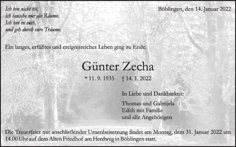  Traueranzeige für Günter Zecha vom 22.01.2022 aus Leonberger Kreiszeitung / Strohgäu Extra
