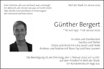 Traueranzeige von Günther Bergert von Leonberger Kreiszeitung / Strohgäu Extra