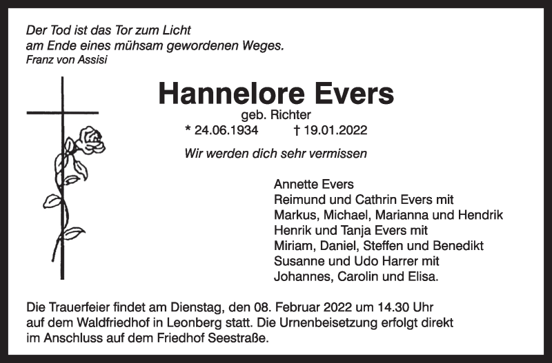  Traueranzeige für Hannelore Evers vom 29.01.2022 aus Leonberger Kreiszeitung / Strohgäu Extra