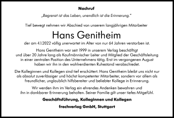 Traueranzeige von Hans Genitheim von Leonberger Kreiszeitung / Strohgäu Extra