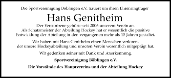 Traueranzeige von Hans Genitheim von Leonberger Kreiszeitung / Strohgäu Extra