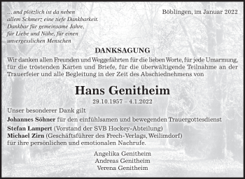 Traueranzeige von Hans Genitheim von Leonberger Kreiszeitung / Strohgäu Extra