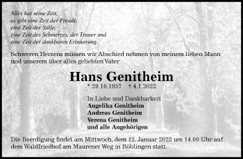 Traueranzeige von Hans Genitheim von Leonberger Kreiszeitung / Strohgäu Extra