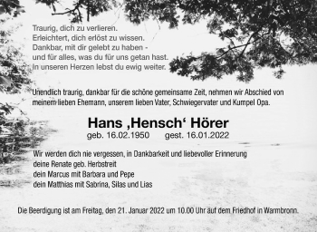 Traueranzeige von Hans  Hörer von Leonberger Kreiszeitung / Strohgäu Extra