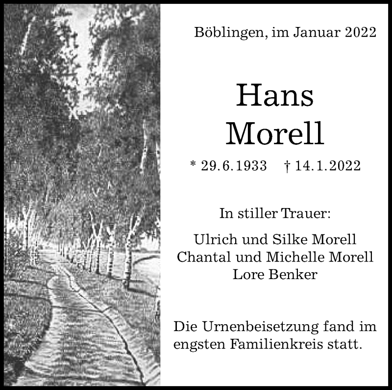  Traueranzeige für Hans Morell vom 27.01.2022 aus Leonberger Kreiszeitung / Strohgäu Extra