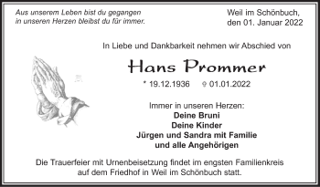 Traueranzeige von Hans Prommer von Leonberger Kreiszeitung / Strohgäu Extra